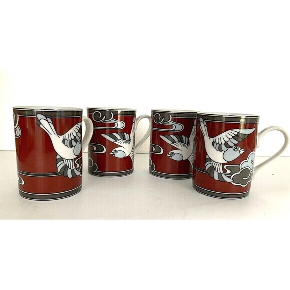 Set of 4 Rare Fitz & Floyd Mouchet d'Argent Mugs Cups 1978 Cinnamon Red & Gray - Picture 1 of 12